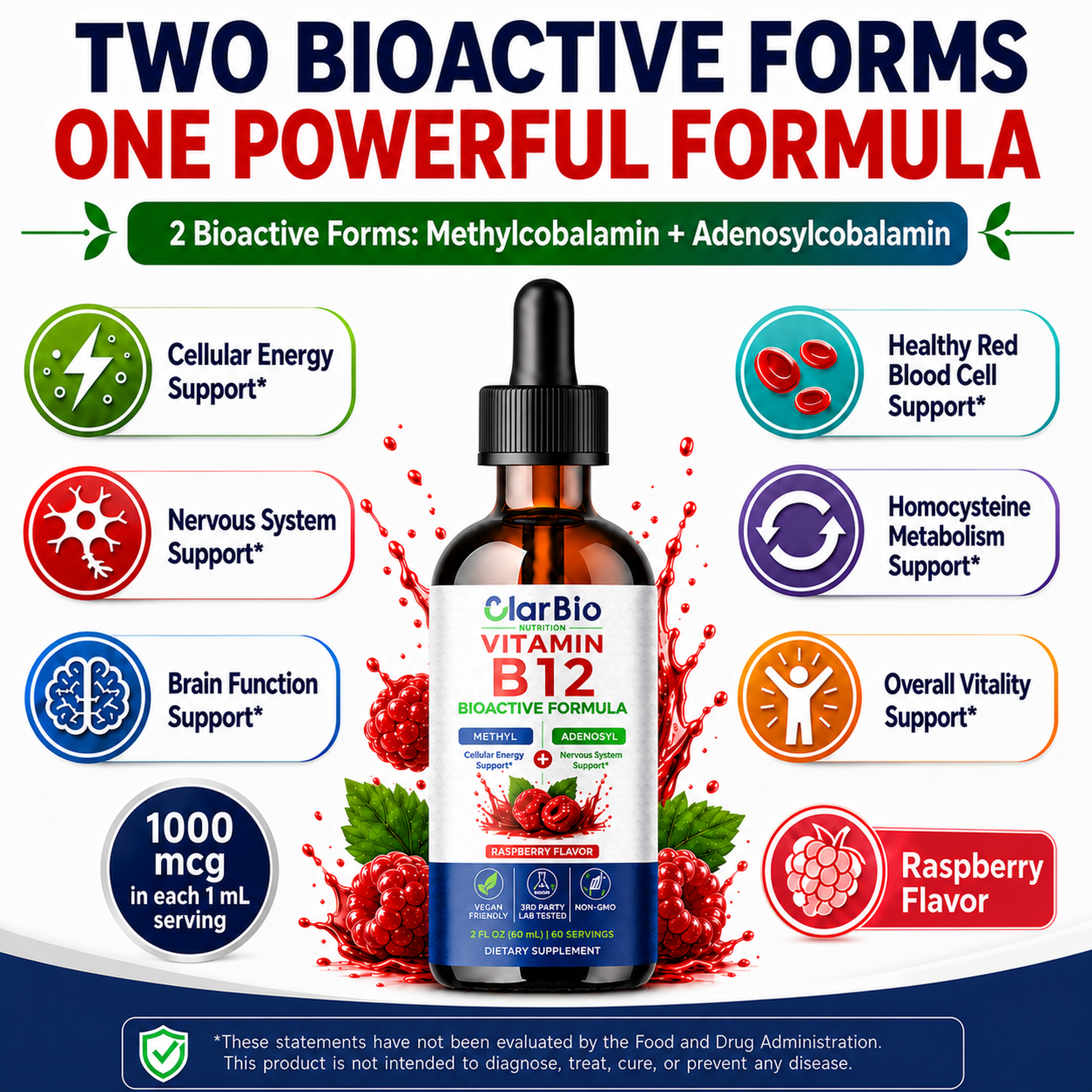 ClarBio Nutrition Vitamin B12 1000 mcg Liquid Drops | Methylcobalamin & Adenosylcobalamin | Vegan B12 Supplement