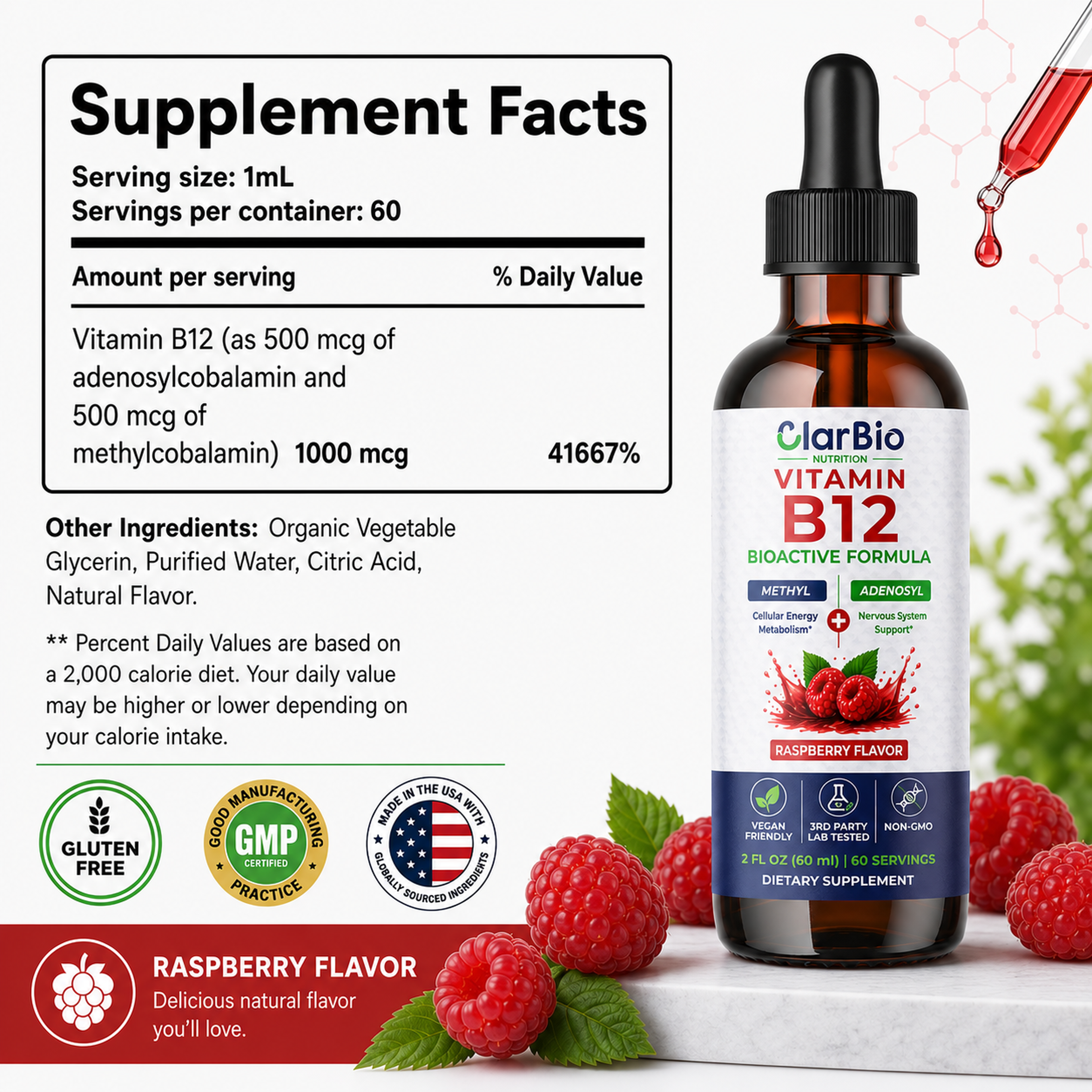 ClarBio Nutrition Vitamin B12 1000 mcg Liquid Drops | Methylcobalamin & Adenosylcobalamin | Vegan B12 Supplement