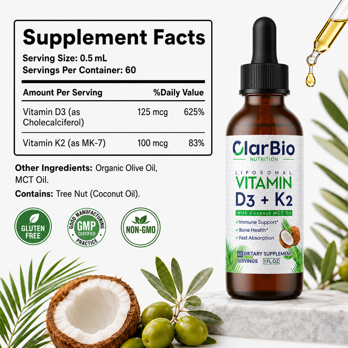 ClarBio Nutrition Liposomal Vitamin D3 K2 Liquid Drops | D3 5000 IU + K2 MK-7 100 mcg