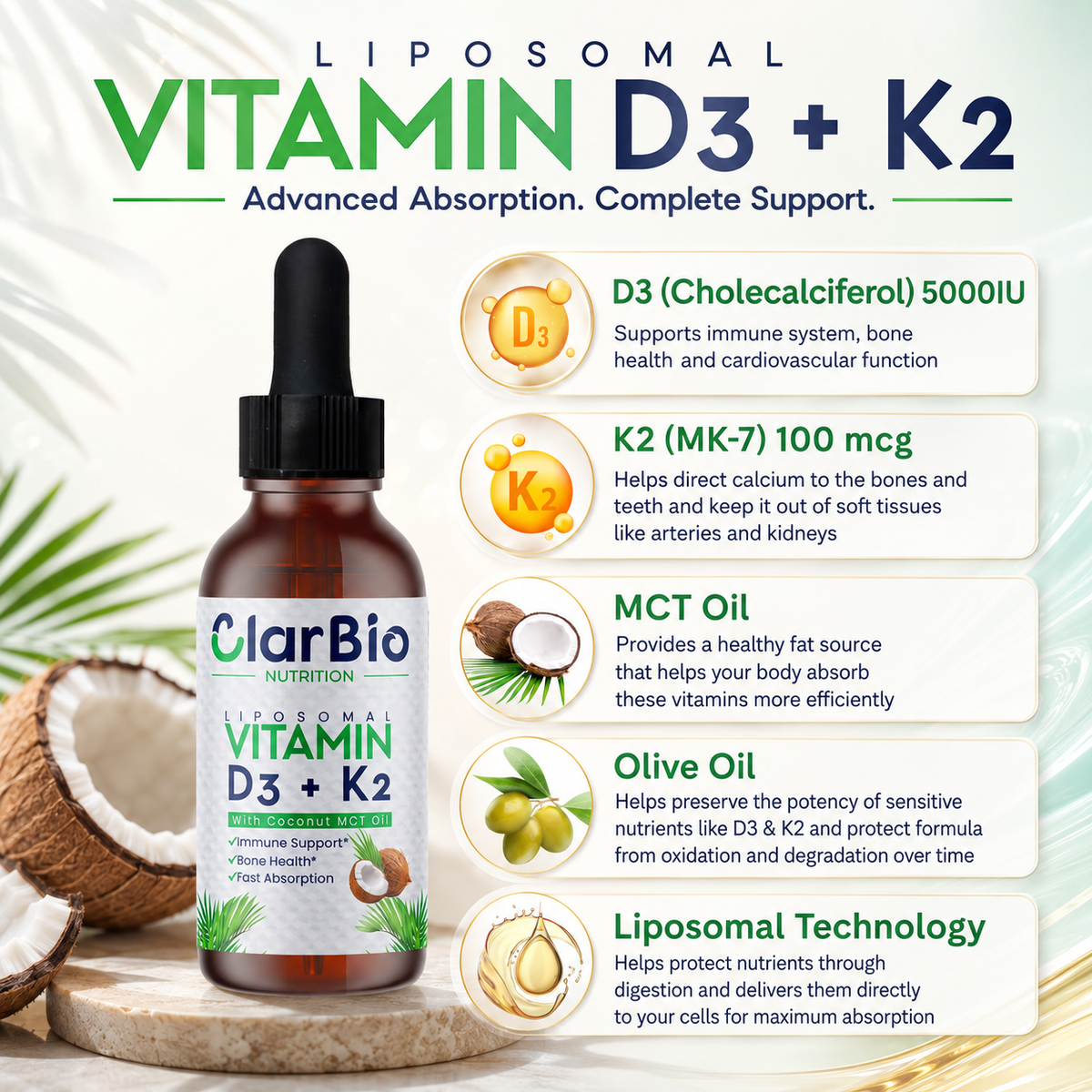 ClarBio Nutrition Liposomal Vitamin D3 K2 Liquid Drops | D3 5000 IU + K2 MK-7 100 mcg