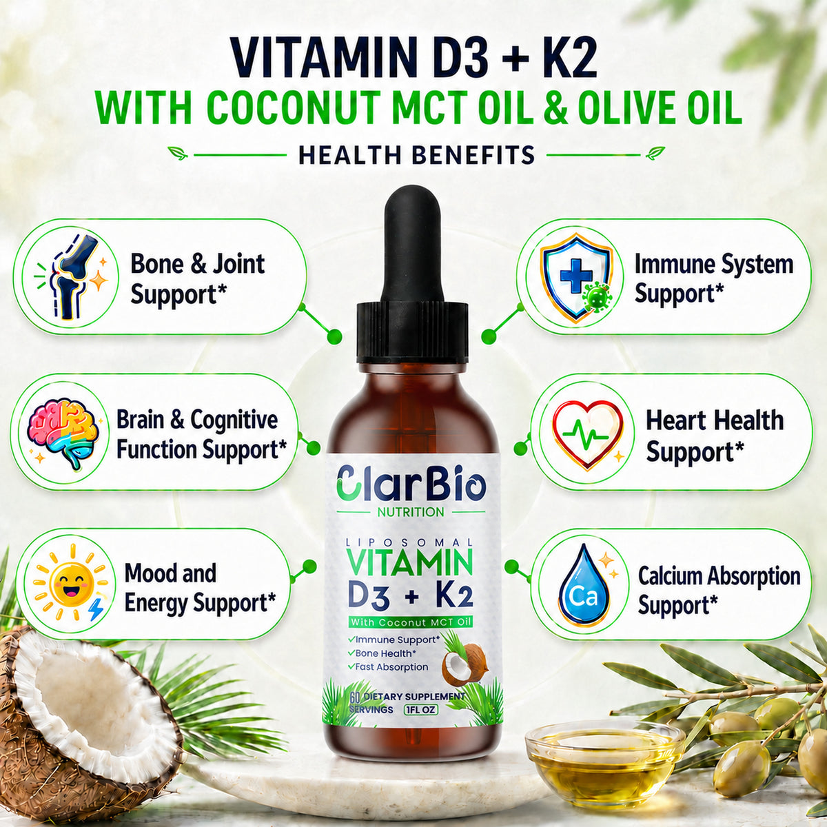 ClarBio Nutrition Liposomal Vitamin D3 K2 Liquid Drops | D3 5000 IU + K2 MK-7 100 mcg