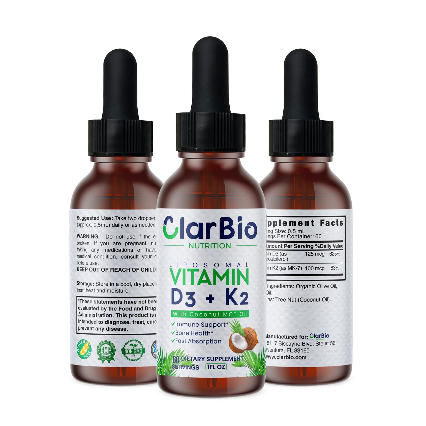 Liposomal Vitamin D3+K2 with MCT Oil and Organic Olive Oil