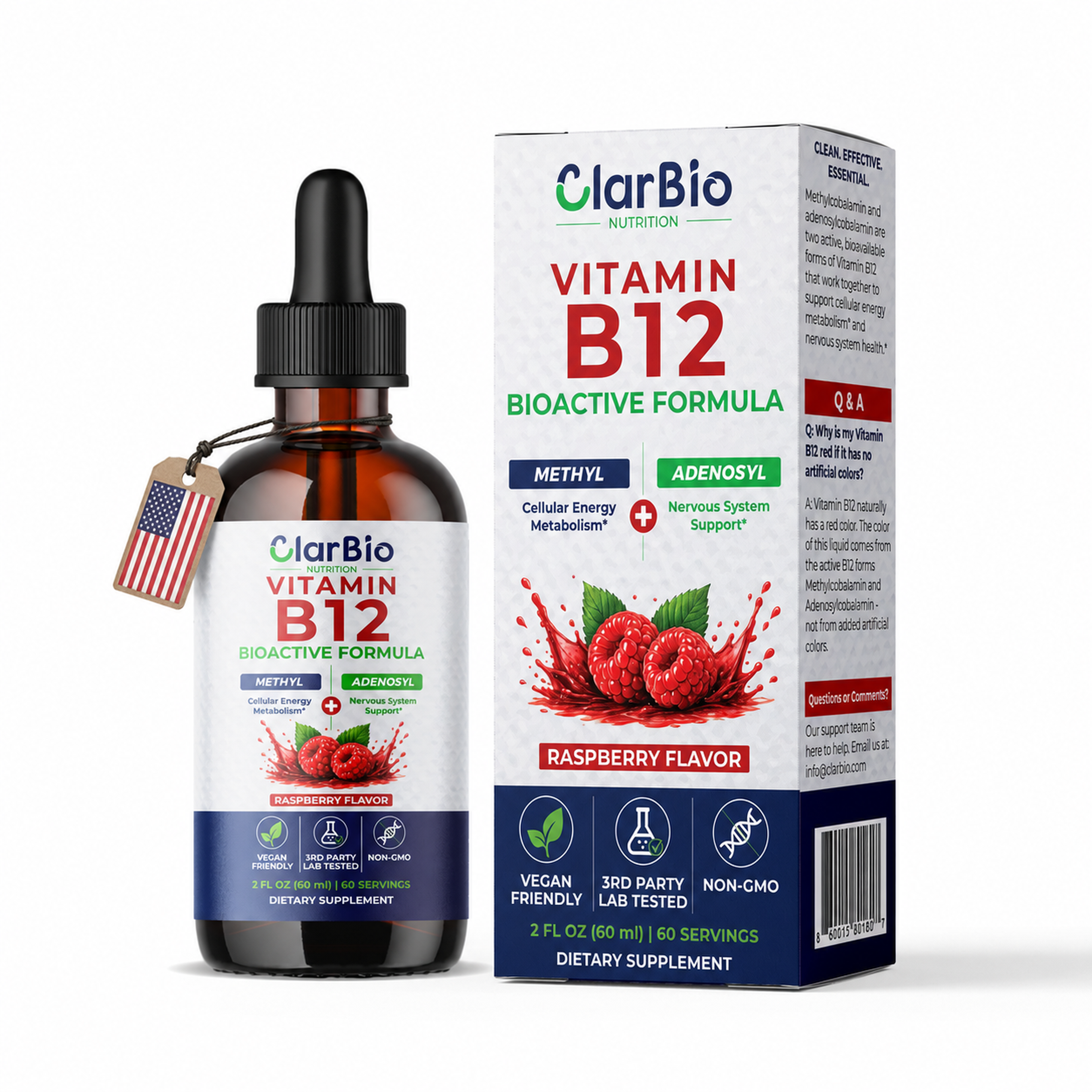 ClarBio Nutrition Vitamin B12 1000 mcg Liquid Drops | Methylcobalamin & Adenosylcobalamin | Vegan B12 Supplement
