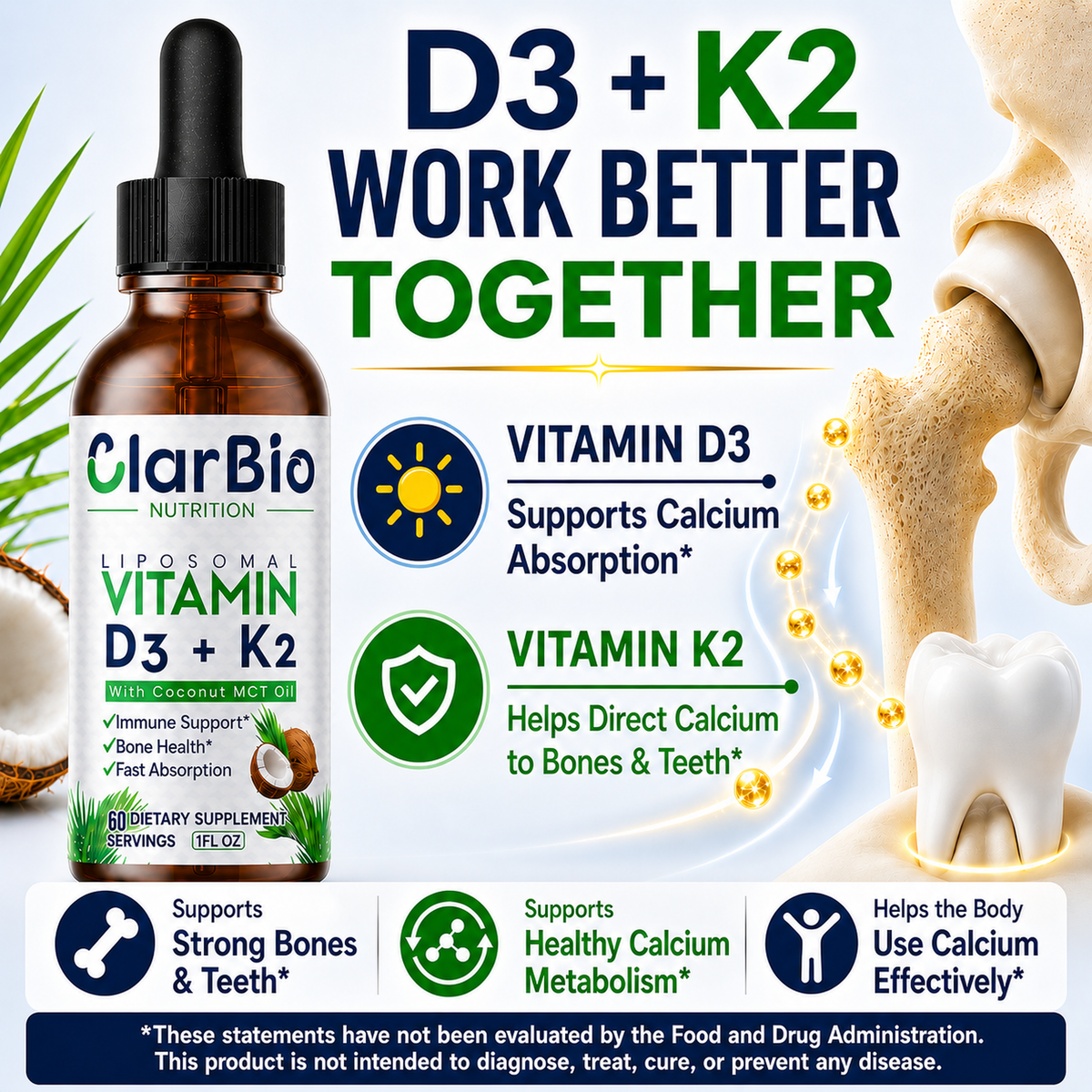 ClarBio Nutrition Liposomal Vitamin D3 K2 Liquid Drops | D3 5000 IU + K2 MK-7 100 mcg