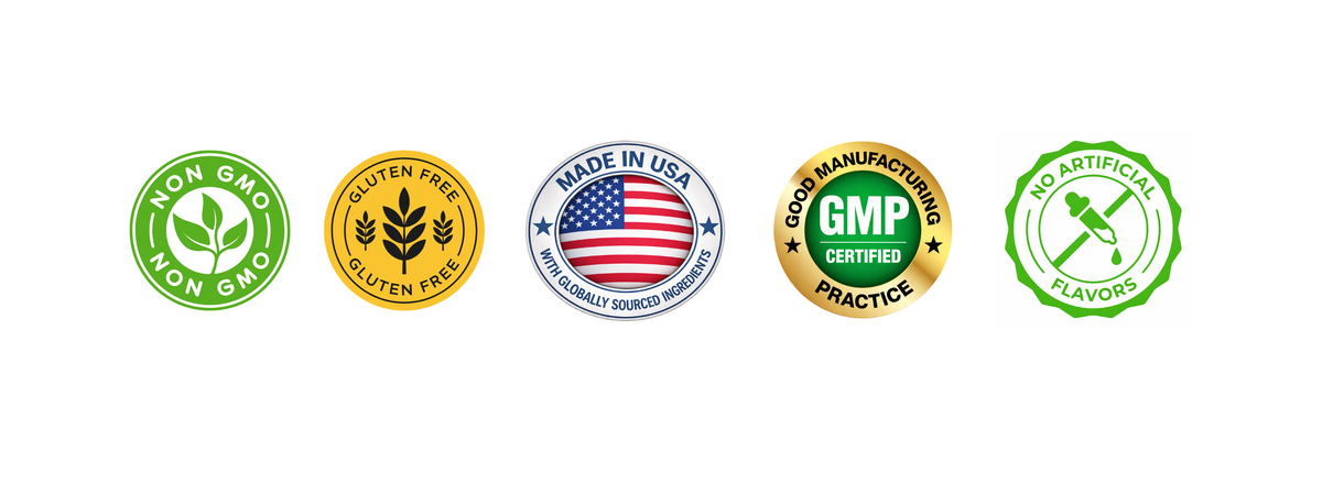 ClarBio Nutrition product certification icons: Non-GMO, gluten-free, made in USA with globally sourced ingredients, GMP, and no artificial flavors