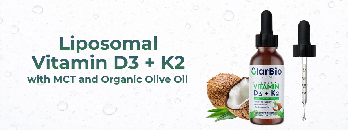 ClarBio Nutrition Liposomal Vitamin D3 + K2 Liquid Drops with Coconut MCT Oil and Organic Olive Oil, featuring bottle, dropper, and coconut.
