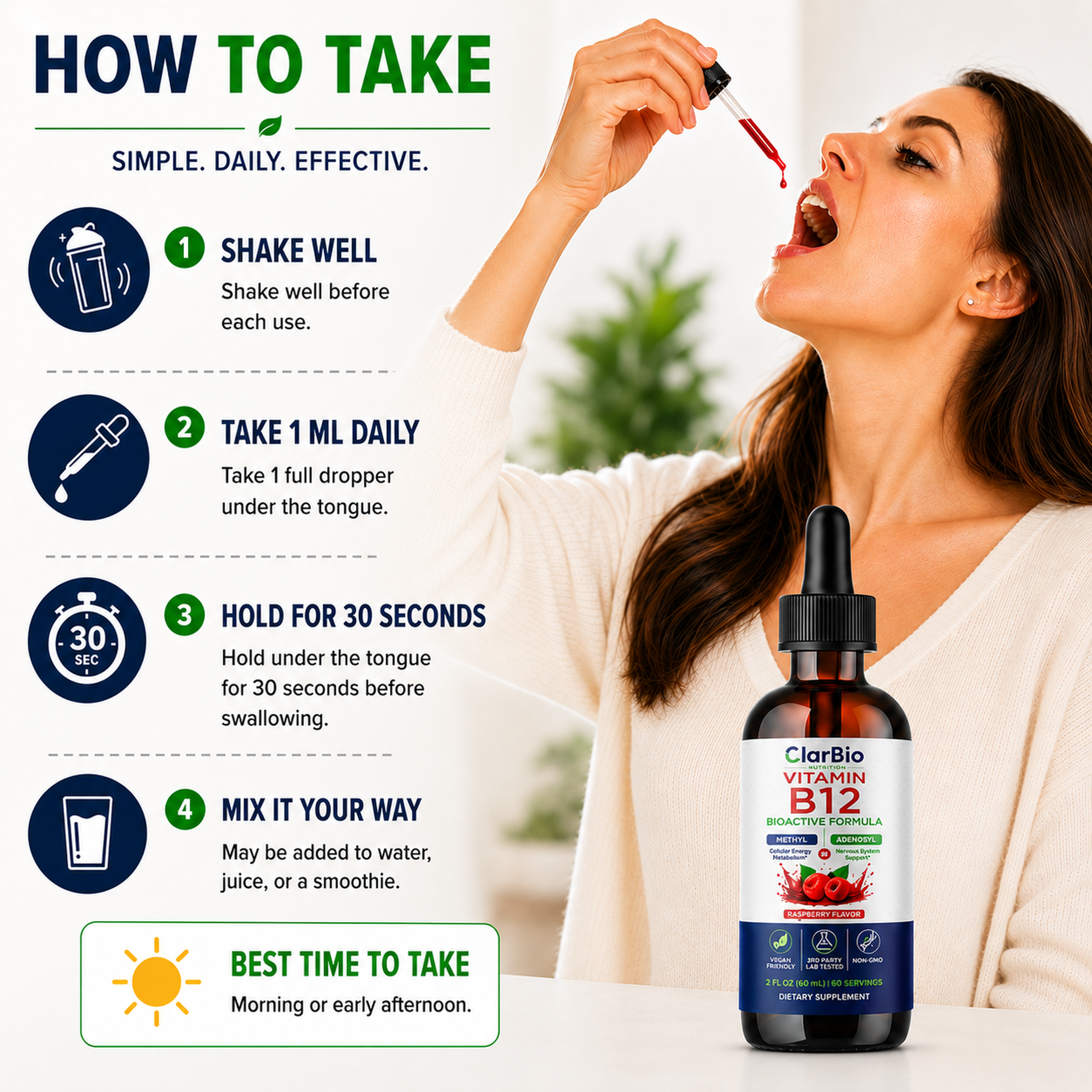 ClarBio Nutrition Vitamin B12 1000 mcg Liquid Drops | Methylcobalamin & Adenosylcobalamin | Vegan B12 Supplement