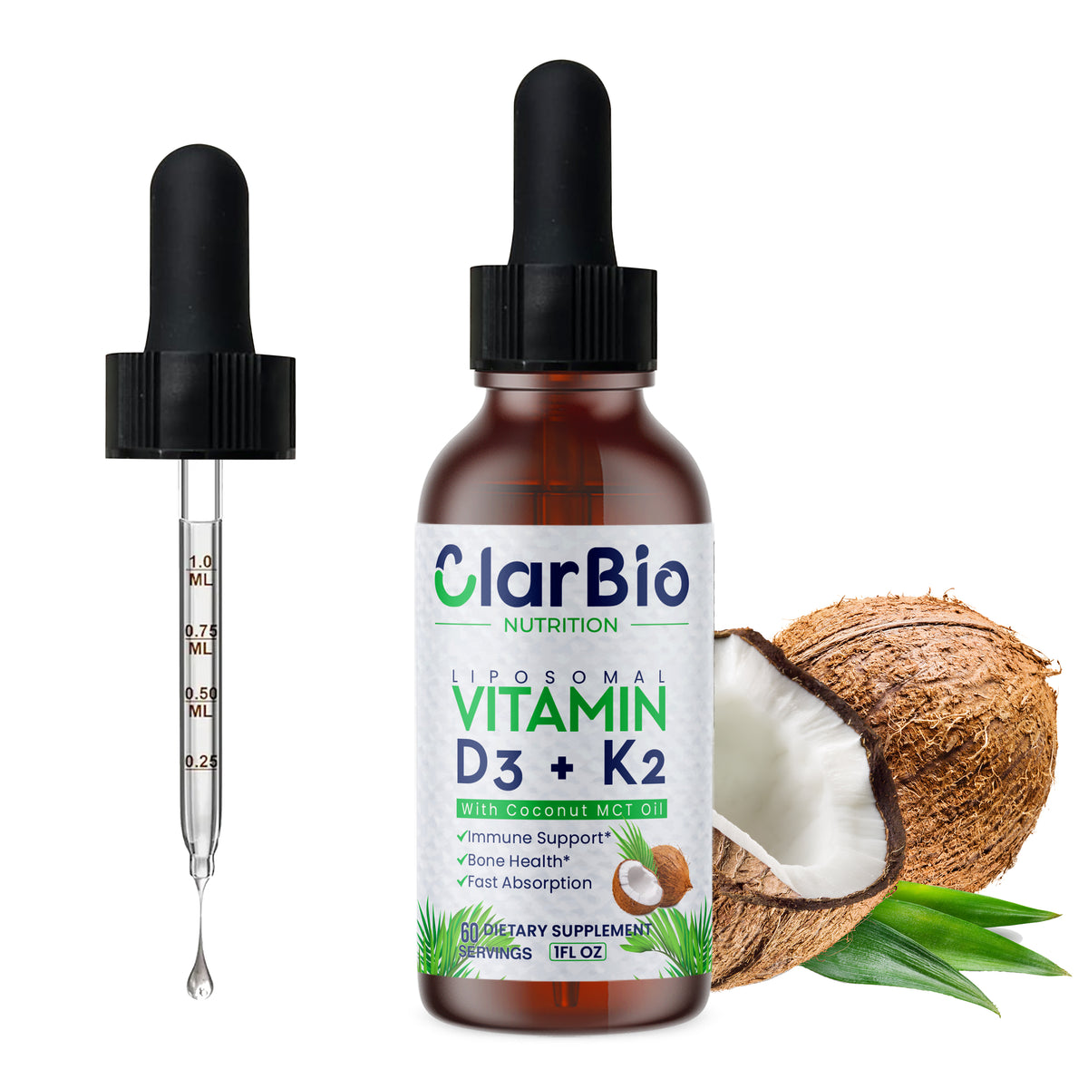 ClarBio Nutrition Liposomal Vitamin D3 K2 Liquid Drops | D3 5000 IU + K2 MK-7 100 mcg