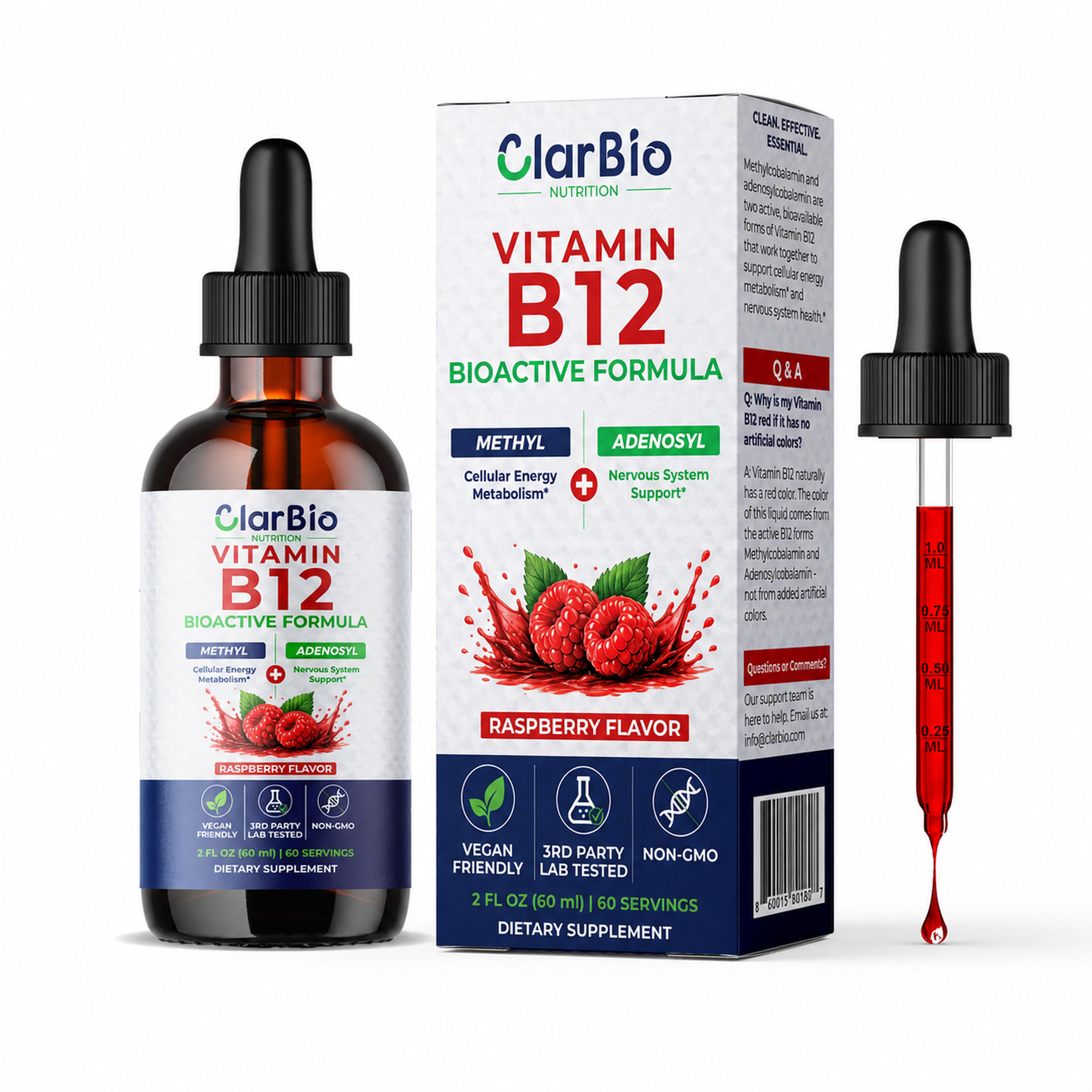 ClarBio Nutrition Vitamin B12 1000 mcg Liquid Drops | Methylcobalamin & Adenosylcobalamin | Vegan B12 Supplement